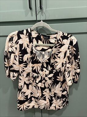 Nicole Miller Black Blouse with Cream Botanical Print